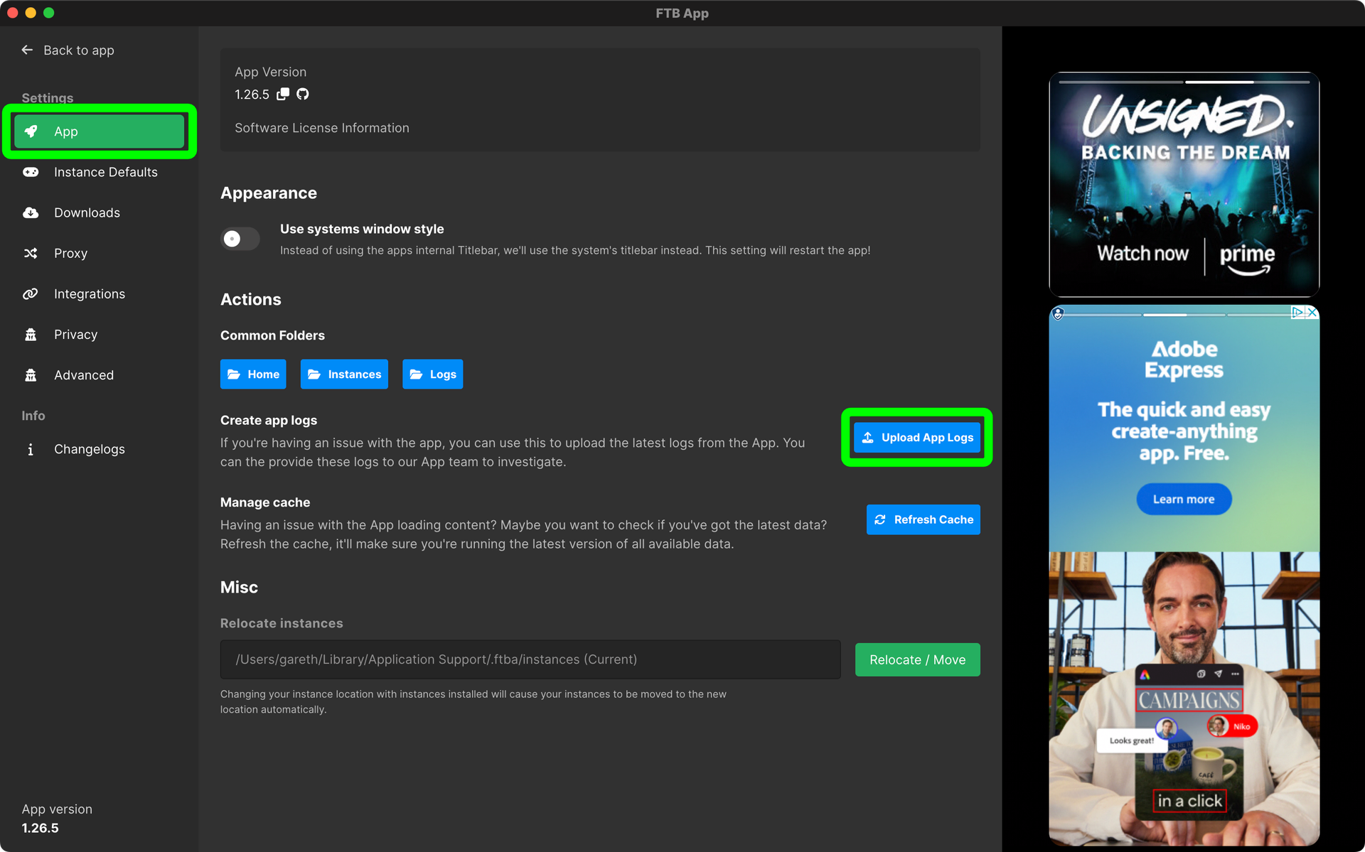FTB App's settings screen showing the upload logs button